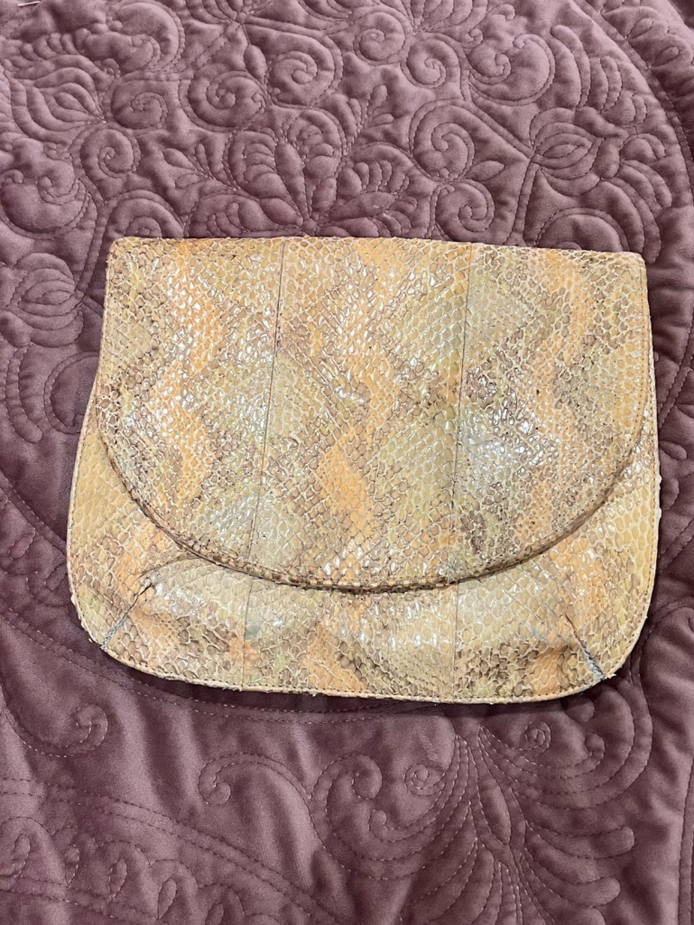 Vintage Beige and Gold Snakeskin Fold-Over Clutch